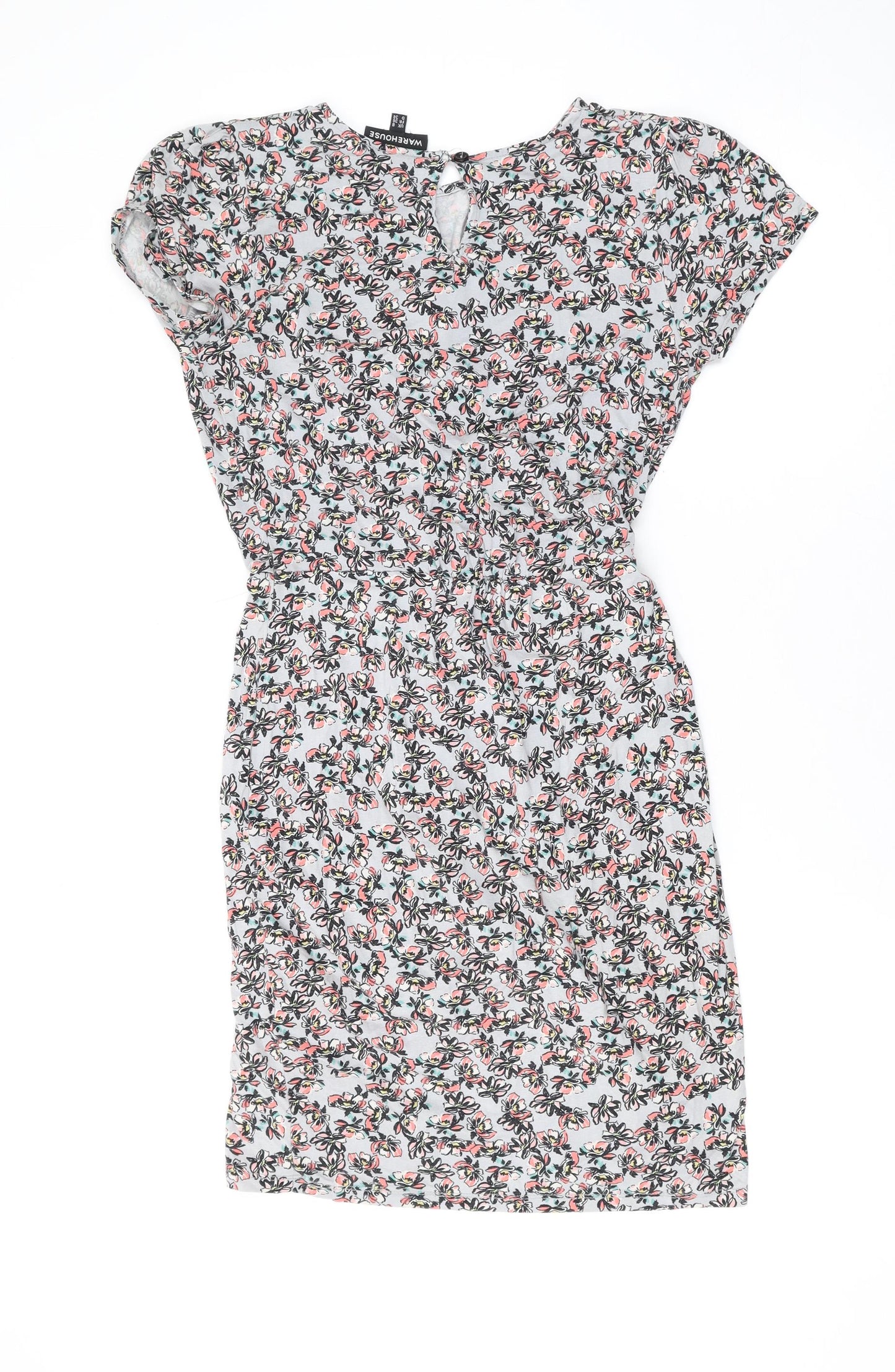 Warehouse Womens Grey Floral Viscose A-Line Size 8 Round Neck Button