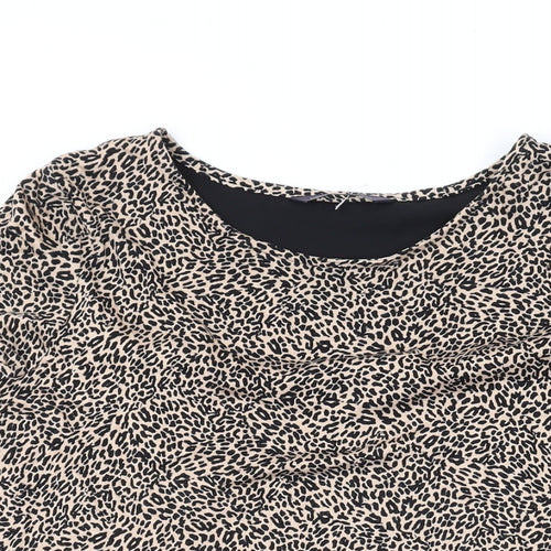 Marks and Spencer Womens Brown Animal Print Viscose Basic Blouse Size 10 Round Neck - Leopard Print, Pleated