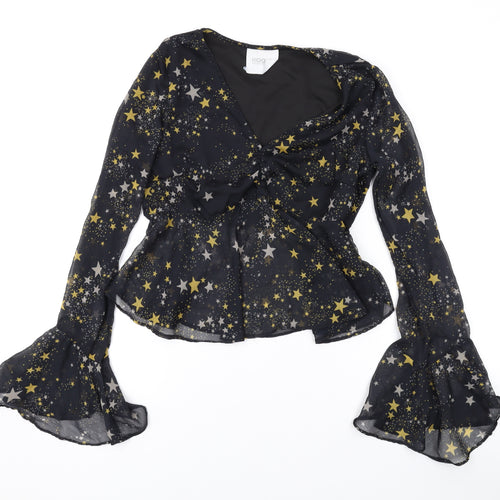Koovs Womens Black Geometric Polyester Basic Blouse Size S V-Neck - Star Print