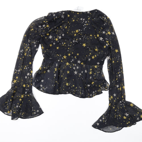 Koovs Womens Black Geometric Polyester Basic Blouse Size S V-Neck - Star Print