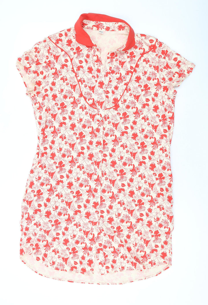 Uniqlo Womens Red Floral Cotton T-Shirt Dress Size L Collared Button