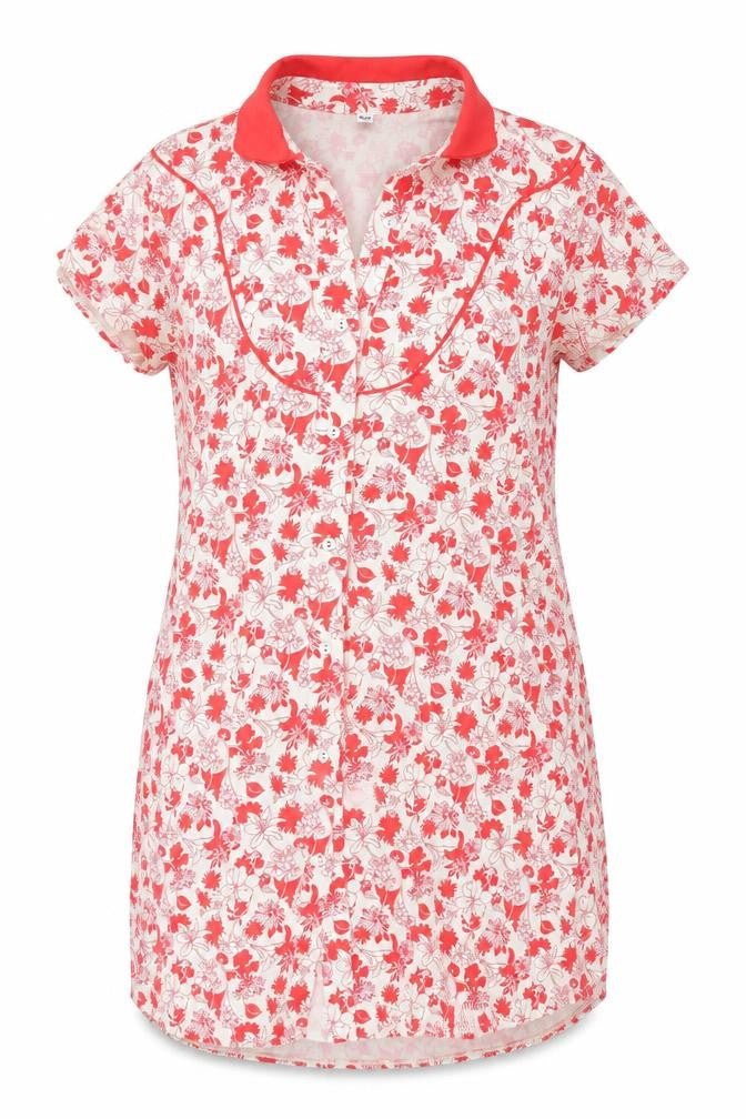 Uniqlo Womens Red Floral Cotton T-Shirt Dress Size L Collared Button