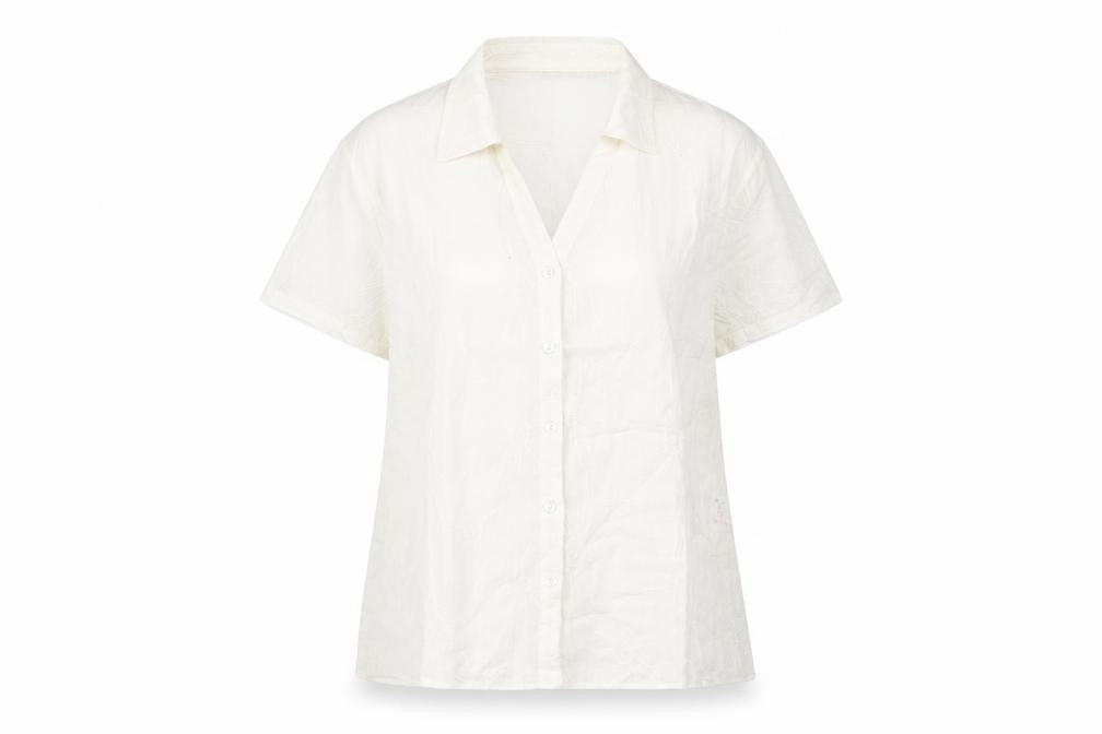Front view of EWM women’s ivory floral cotton basic button-up, size UK 2, collared