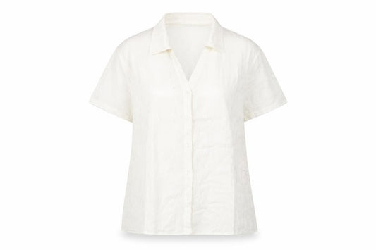 Front view of EWM women’s ivory floral cotton basic button-up, size UK 2, collared