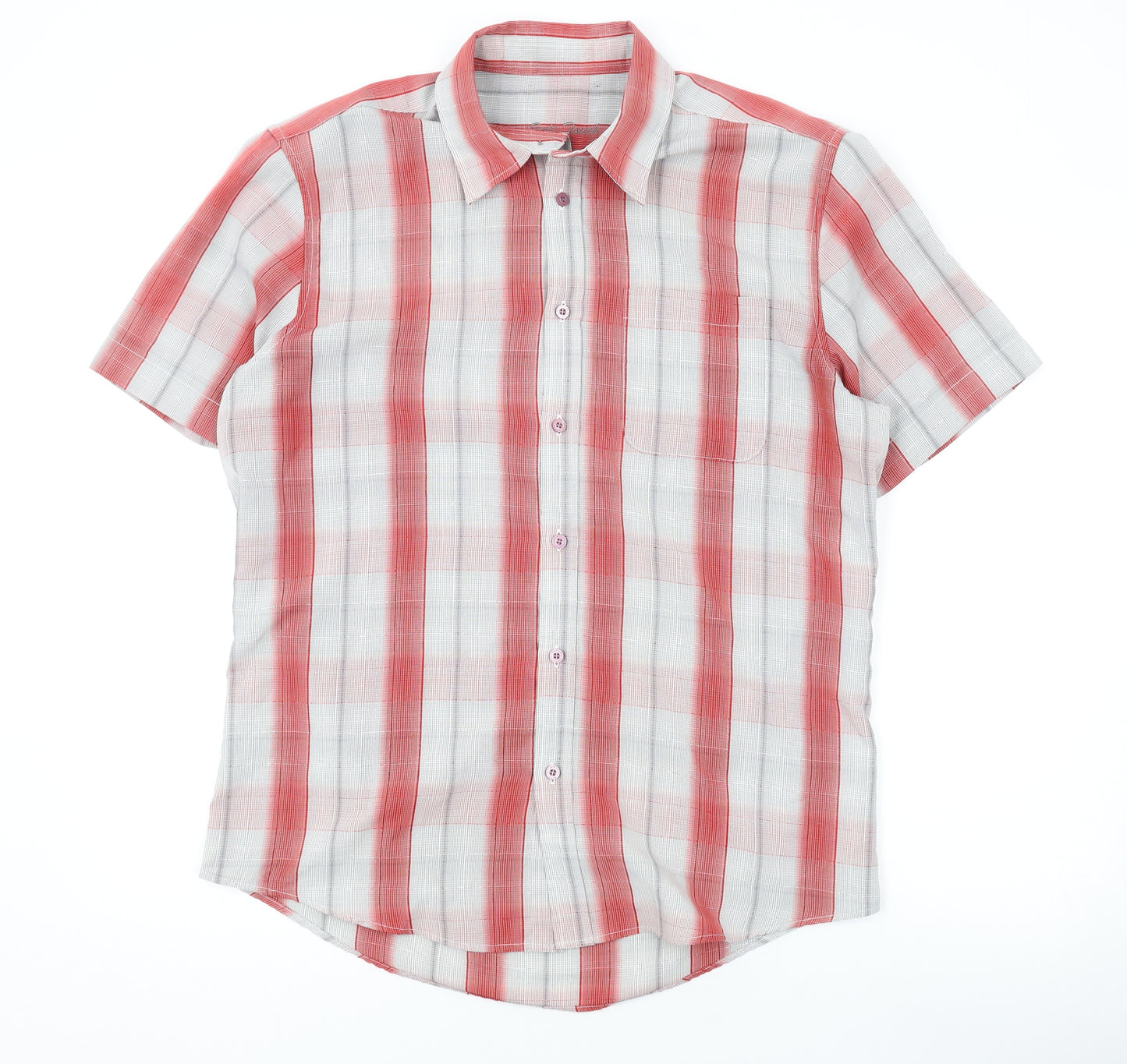 BHS Mens Red Plaid Polyester Button-Up Size M Collared Button