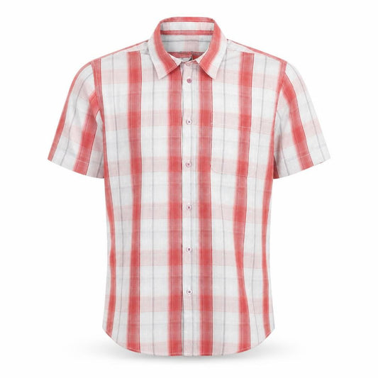Front view of BHS men’s red plaid polyester button-up, size M, collared button