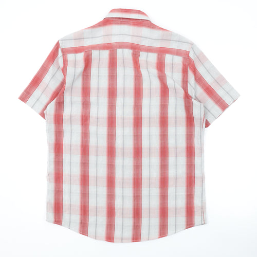 BHS Mens Red Plaid Polyester Button-Up Size M Collared Button