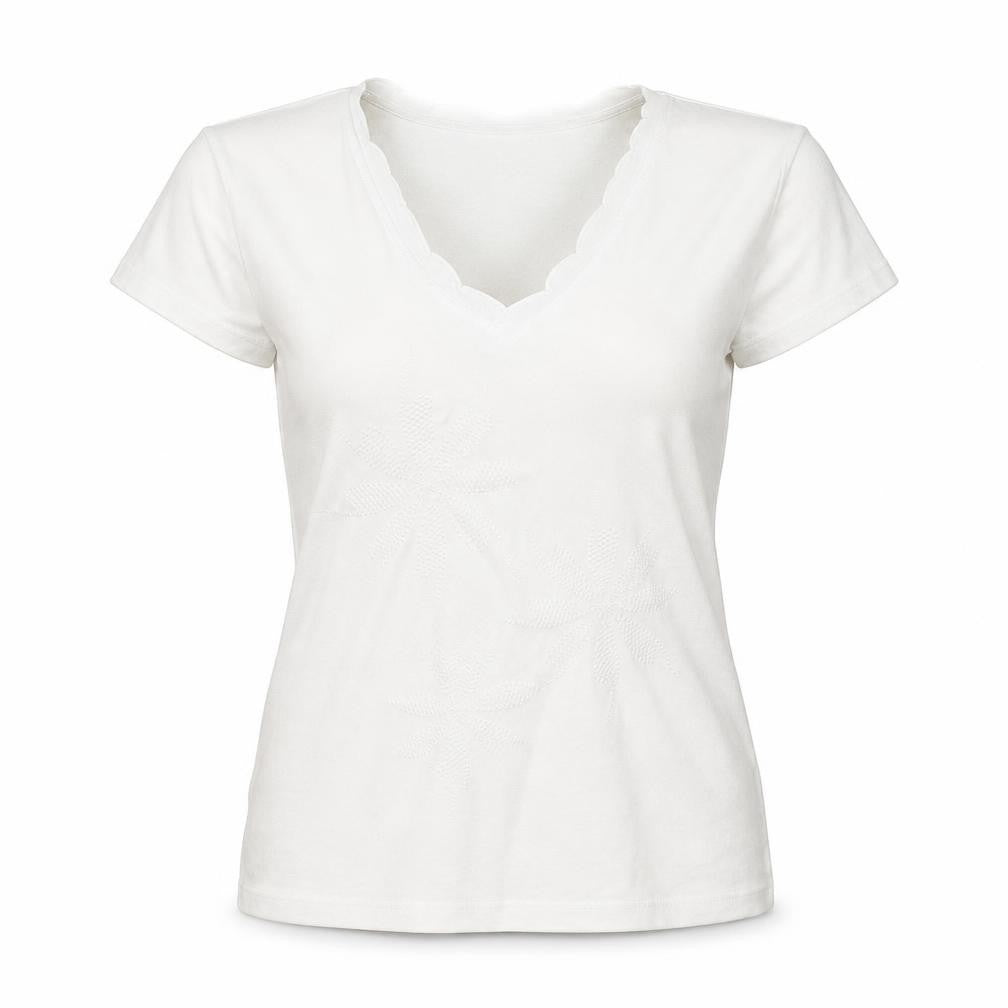 Front view of Provencale women’s white cotton basic t-shirt, size UK 18, v-neck