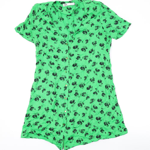 Zara Womens Green Floral Viscose A-Line Size S V-Neck Button