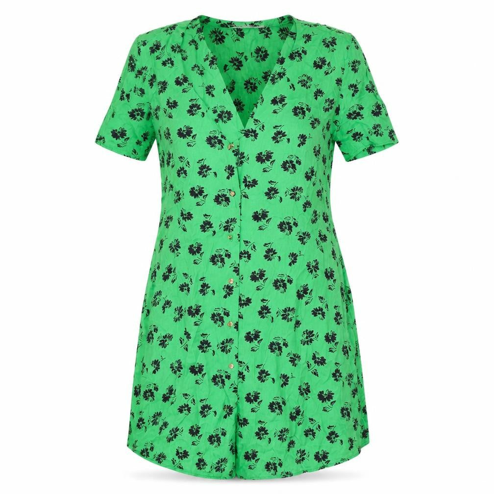 Front view of Zara women’s green floral viscose a-line, size S, v-neck button