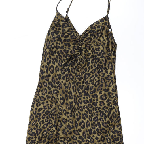 Zara Womens Brown Animal Print Viscose A-Line Size S V-Neck