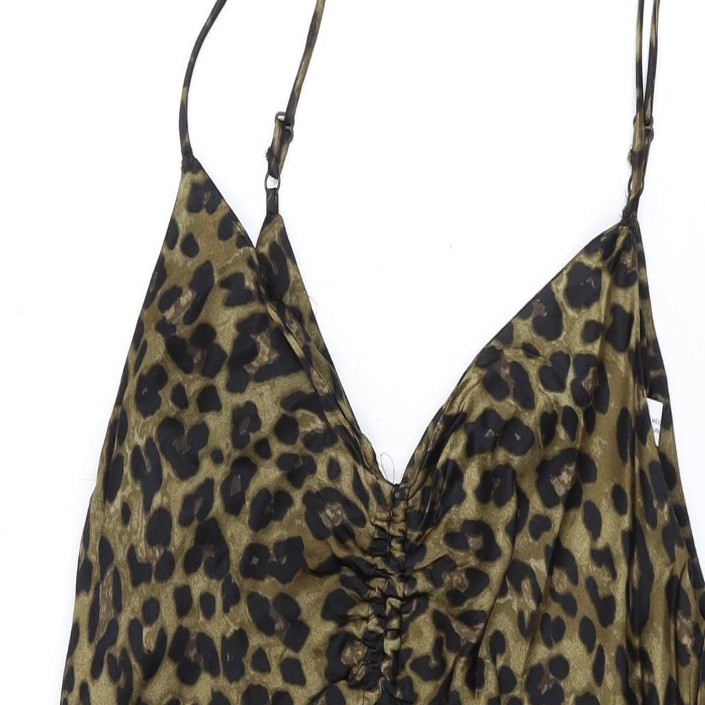 Zara Womens Brown Animal Print Viscose A-Line Size S V-Neck