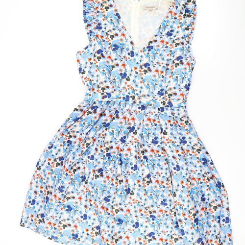 Marks and Spencer Womens Blue Floral Polyester Skater Dress Size 8 V-Neck Zip
