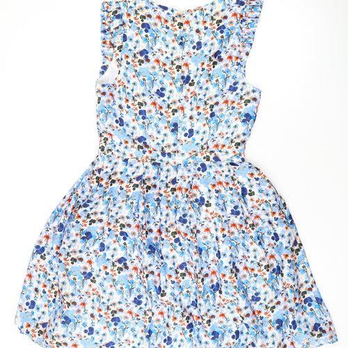 Marks and Spencer Womens Blue Floral Polyester Skater Dress Size 8 V-Neck Zip