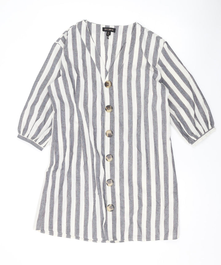 QED London Womens Grey Striped Polyester A-Line Size 10 V-Neck Button