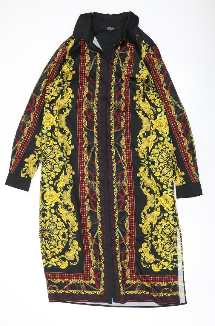 Julien Macdonald Womens Black Geometric Polyester Shirt Dress Size 12 Collared Button