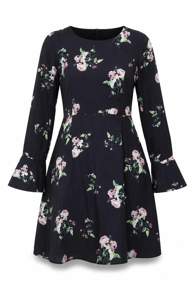 Front view of Angeleye women’s black floral polyester a-line, size UK 12, scoop neck zip