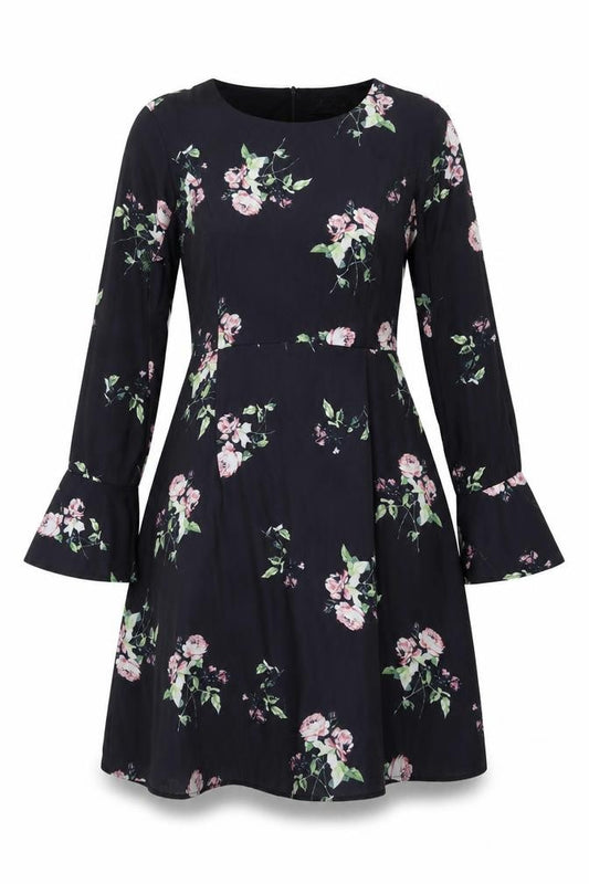 Front view of Angeleye women’s black floral polyester a-line, size UK 12, scoop neck zip