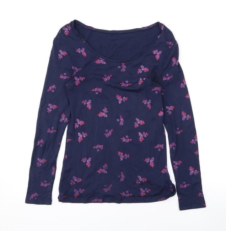 Marks and Spencer Womens Blue Floral Acrylic Basic T-Shirt Size 10 Scoop Neck