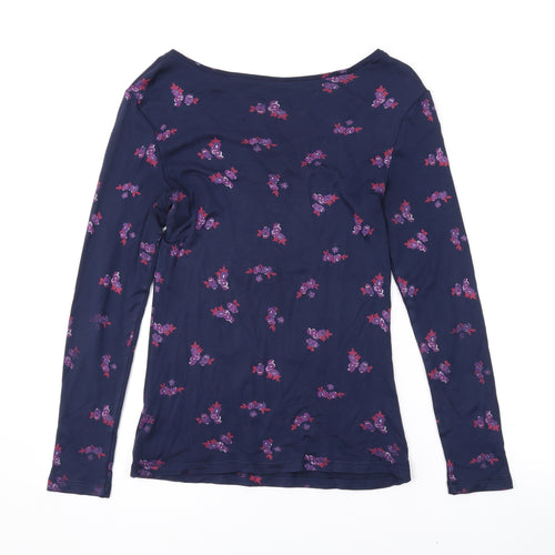 Marks and Spencer Womens Blue Floral Acrylic Basic T-Shirt Size 10 Scoop Neck