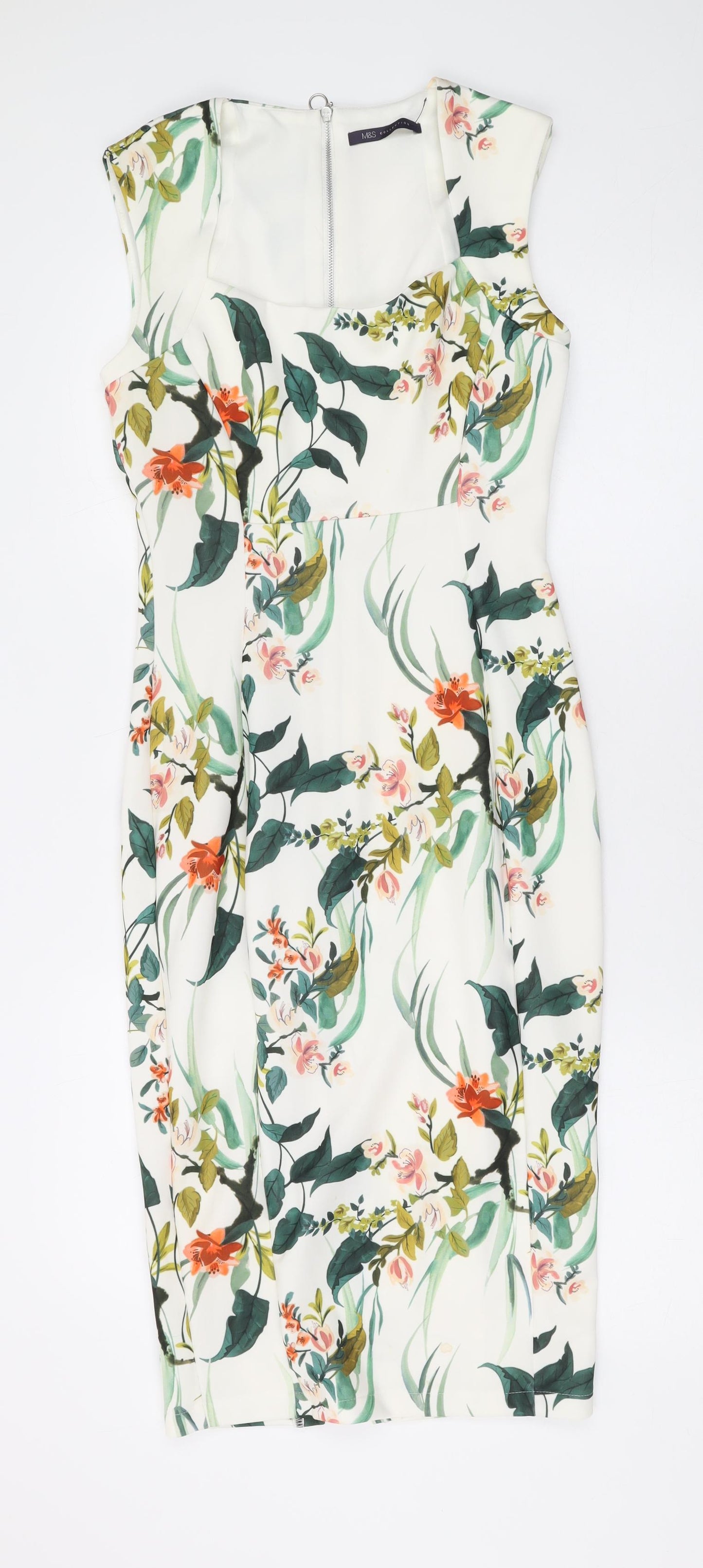 Marks and Spencer Womens White Floral Polyester Bodycon Size 8 Square Neck Zip