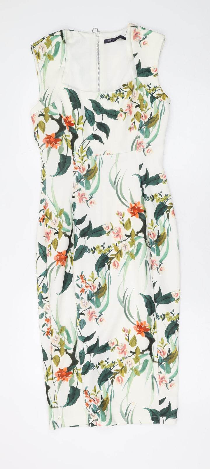 Marks and Spencer Womens White Floral Polyester Bodycon Size 8 Square Neck Zip