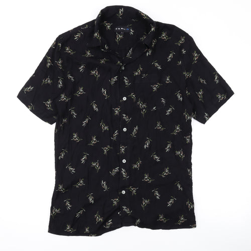 Carlo Mens Black Geometric Cotton Button-Up Size L Collared Button