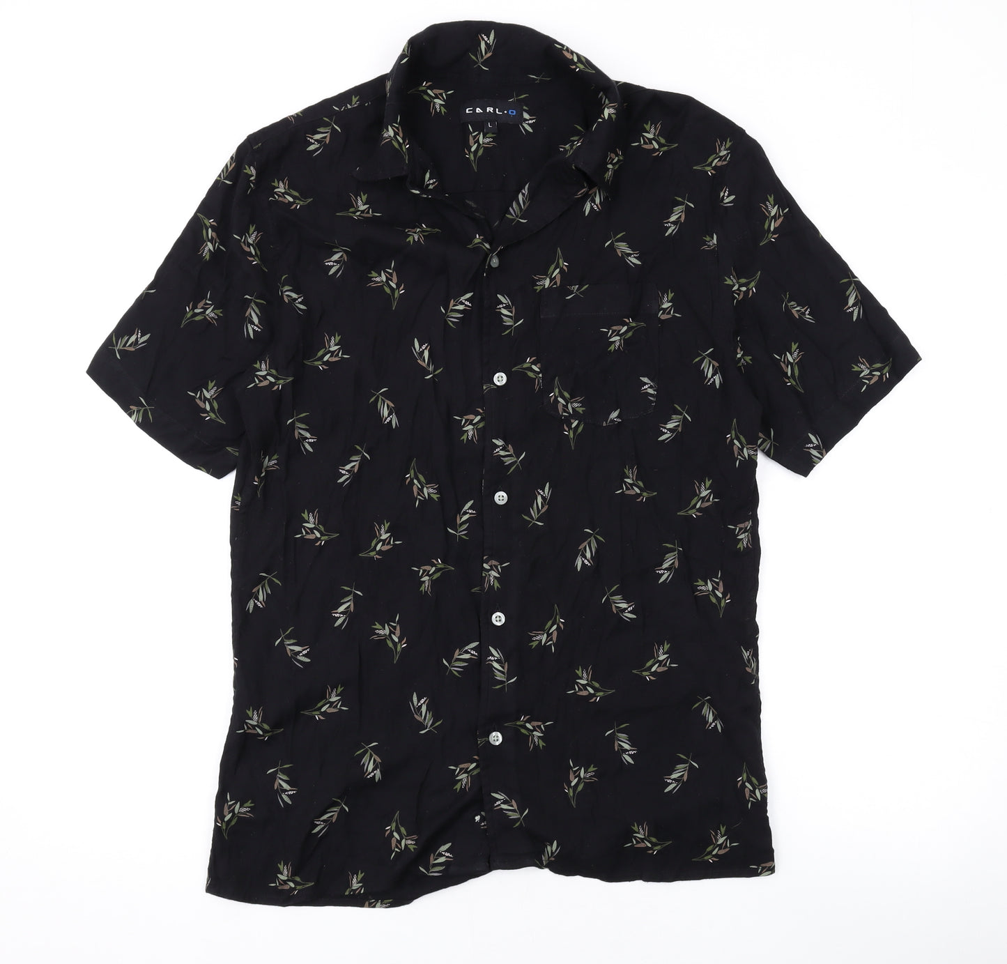 Carlo Mens Black Geometric Cotton Button-Up Size L Collared Button