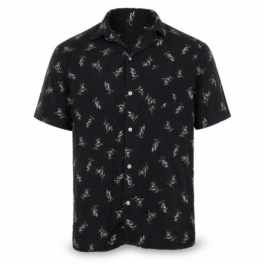 Front view of Carlo men’s black geometric cotton button-up, size L, collared button