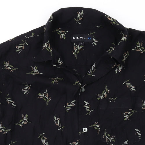 Carlo Mens Black Geometric Cotton Button-Up Size L Collared Button