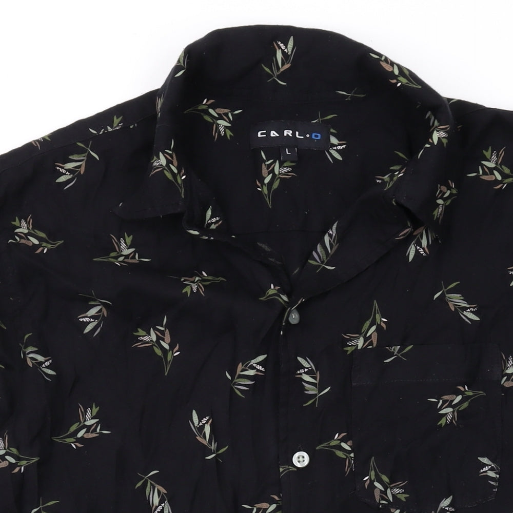 Carlo Mens Black Geometric Cotton Button-Up Size L Collared Button
