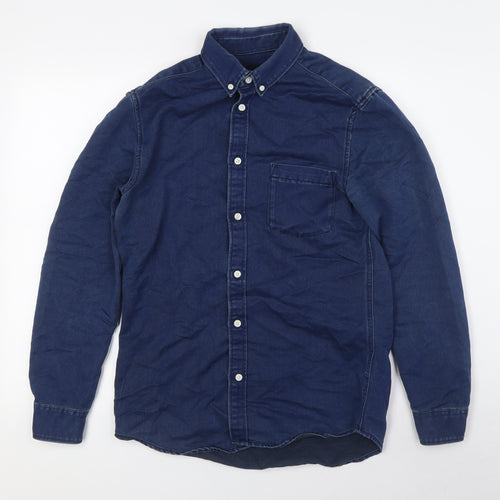 H&M Mens Blue Cotton Button-Up Size S Collared Button