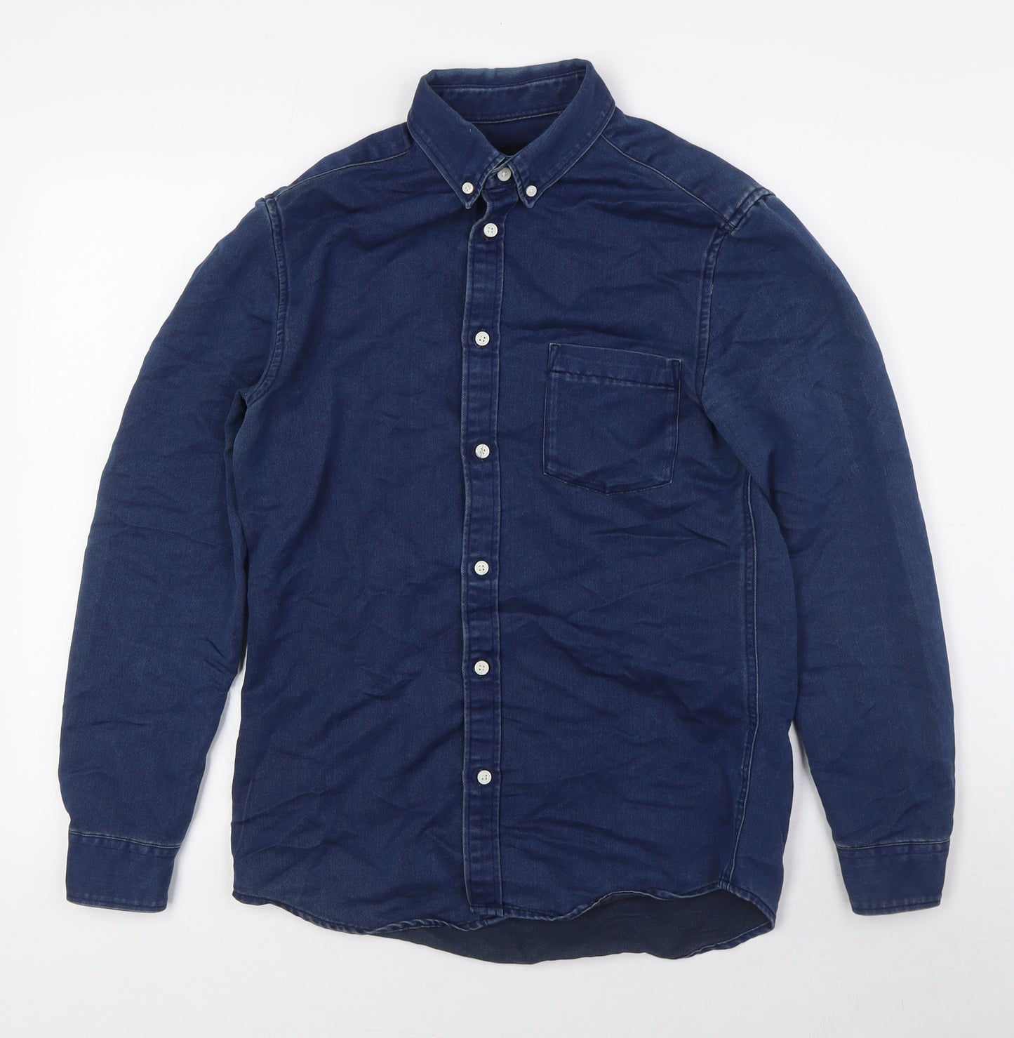 H&M Mens Blue Cotton Button-Up Size S Collared Button