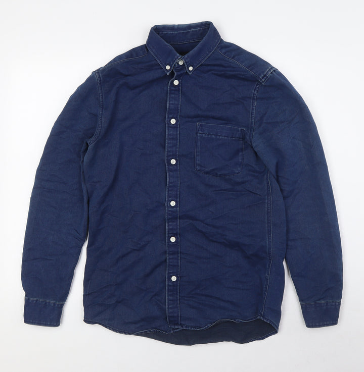 H&M Mens Blue Cotton Button-Up Size S Collared Button
