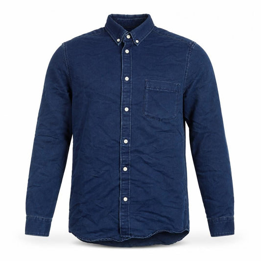 Front view of H&M men’s blue cotton button-up, size S, collared button