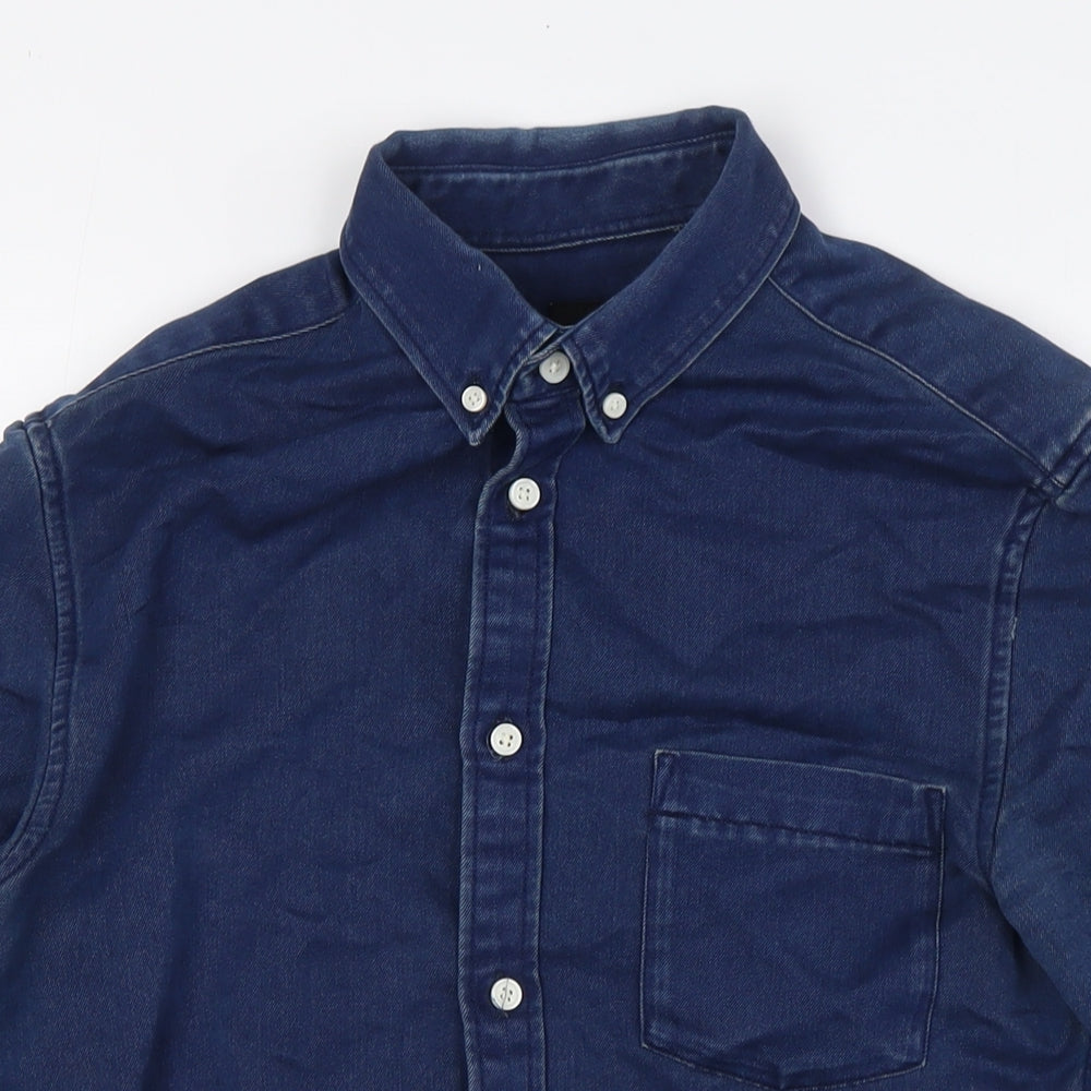 H&M Mens Blue Cotton Button-Up Size S Collared Button