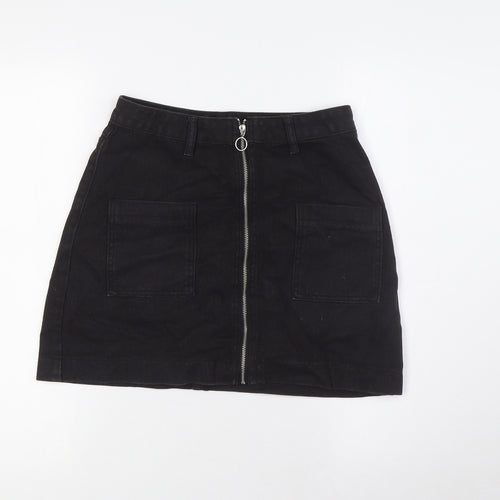 PRETTYLITTLETHING Womens Black Cotton A-Line Skirt Size 6 Zip