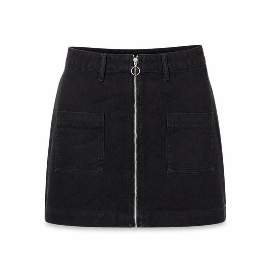 Front view of PRETTYLITTLETHING women’s black cotton a-line skirt, size UK 6, zip