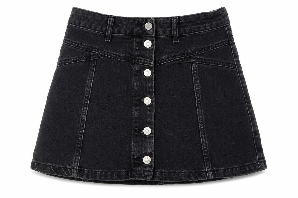 Front view of Topshop women’s black cotton a-line skirt, size UK 8, button