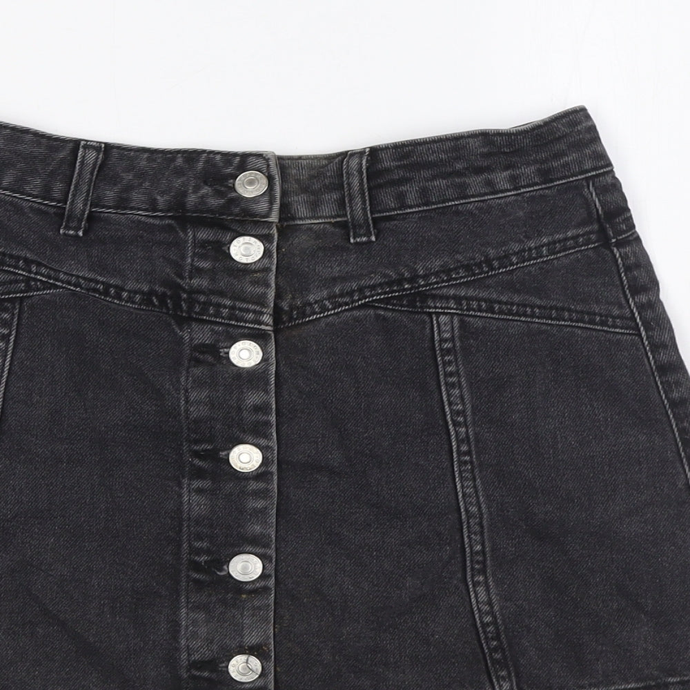 Topshop Womens Black Cotton A-Line Skirt Size 8 Button