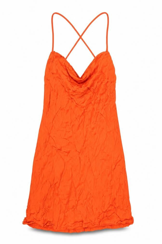 Front view of Zara women’s orange viscose mini, size M, cowl neck pullover