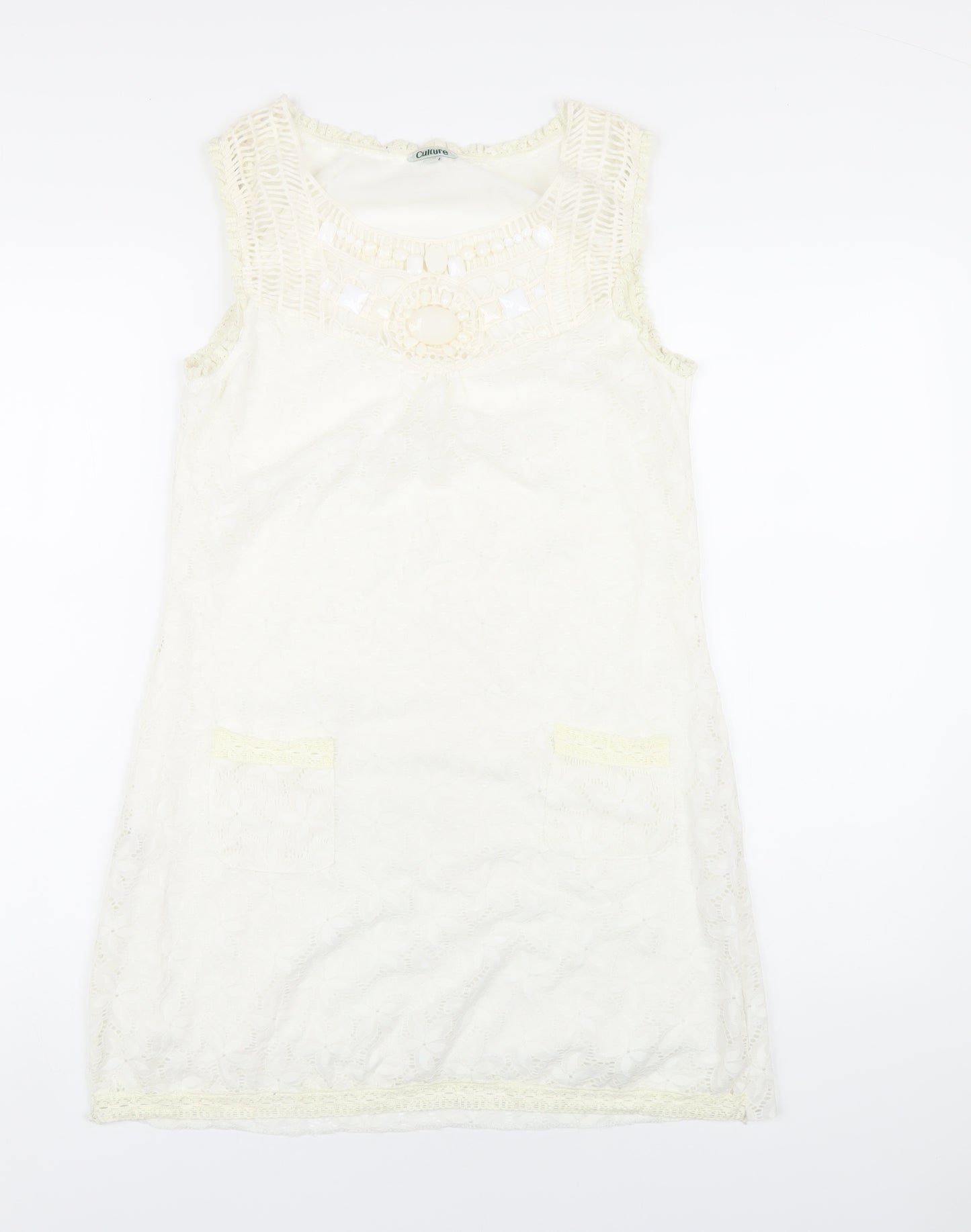 CULTURE Womens Ivory Polyester A-Line Size 12 Round Neck Pullover - Beaded Neckline