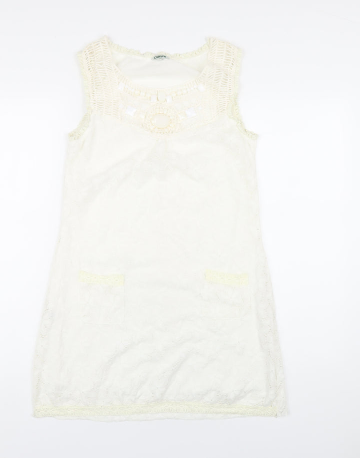 CULTURE Womens Ivory Polyester A-Line Size 12 Round Neck Pullover - Beaded Neckline
