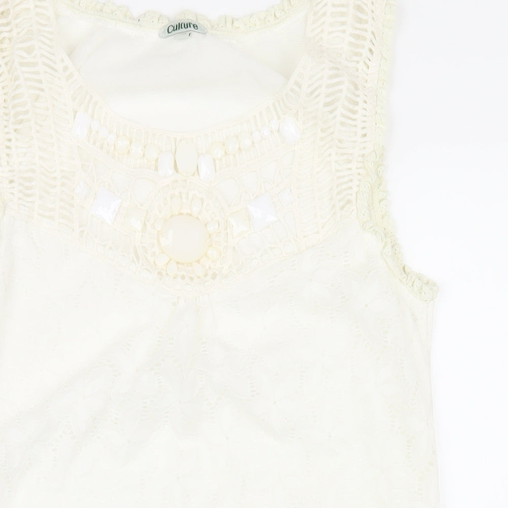 CULTURE Womens Ivory Polyester A-Line Size 12 Round Neck Pullover - Beaded Neckline