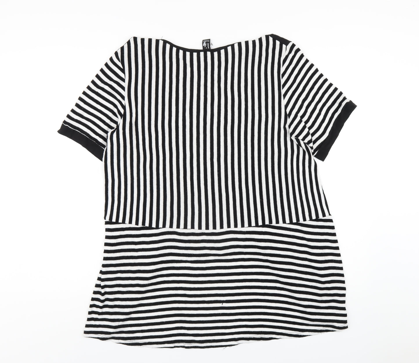 Izabel London Womens Black Striped Polyester Basic T-Shirt Size 12 Round Neck
