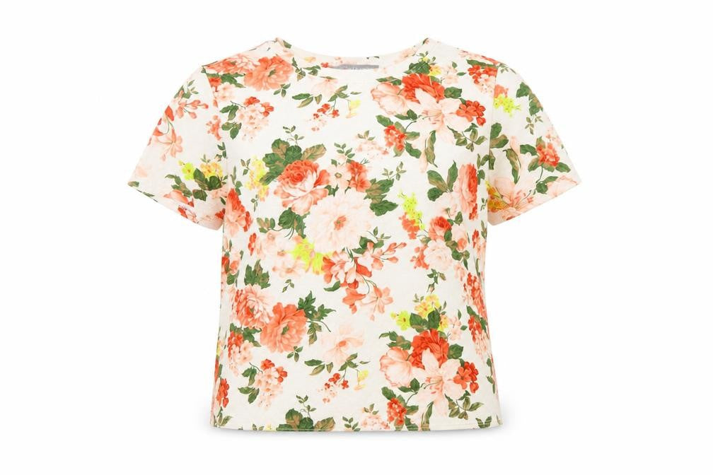 Front view of Dorothy Perkins women’s ivory floral polyester basic t-shirt, size UK 14, round neck