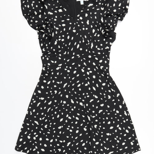 Blue Vanilla Womens Black Geometric Polyester A-Line Size 10 V-Neck Zip