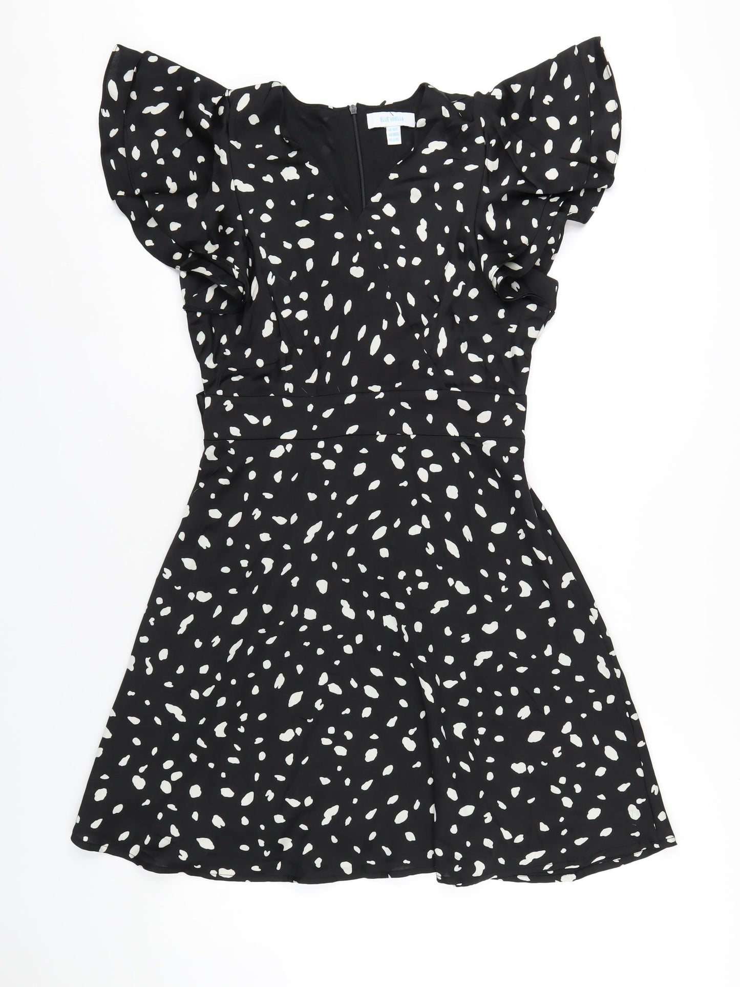 Blue Vanilla Womens Black Geometric Polyester A-Line Size 10 V-Neck Zip