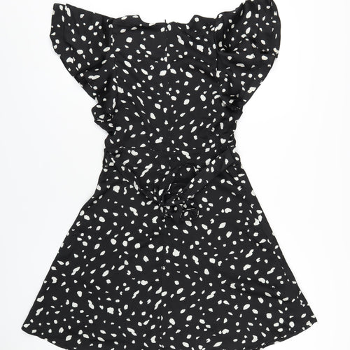 Blue Vanilla Womens Black Geometric Polyester A-Line Size 10 V-Neck Zip