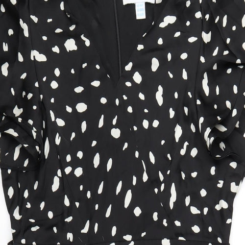 Blue Vanilla Womens Black Geometric Polyester A-Line Size 10 V-Neck Zip